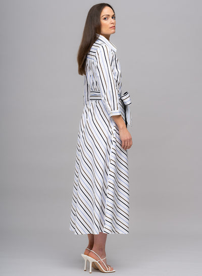 VERONICA COTTON BUTTON DOWN SHIRT DRESS IN BLUE, CHOCOLATE, AND NAVY STRIPE