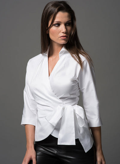 abigail white wrap top viewed from the front
