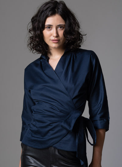ABINA NAVY WRAP COTTON BLOUSE