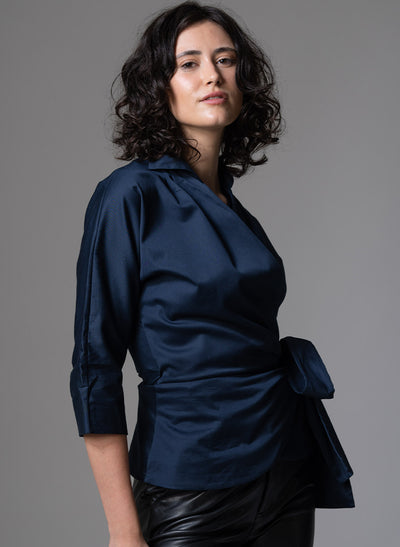 ABINA NAVY WRAP COTTON BLOUSE