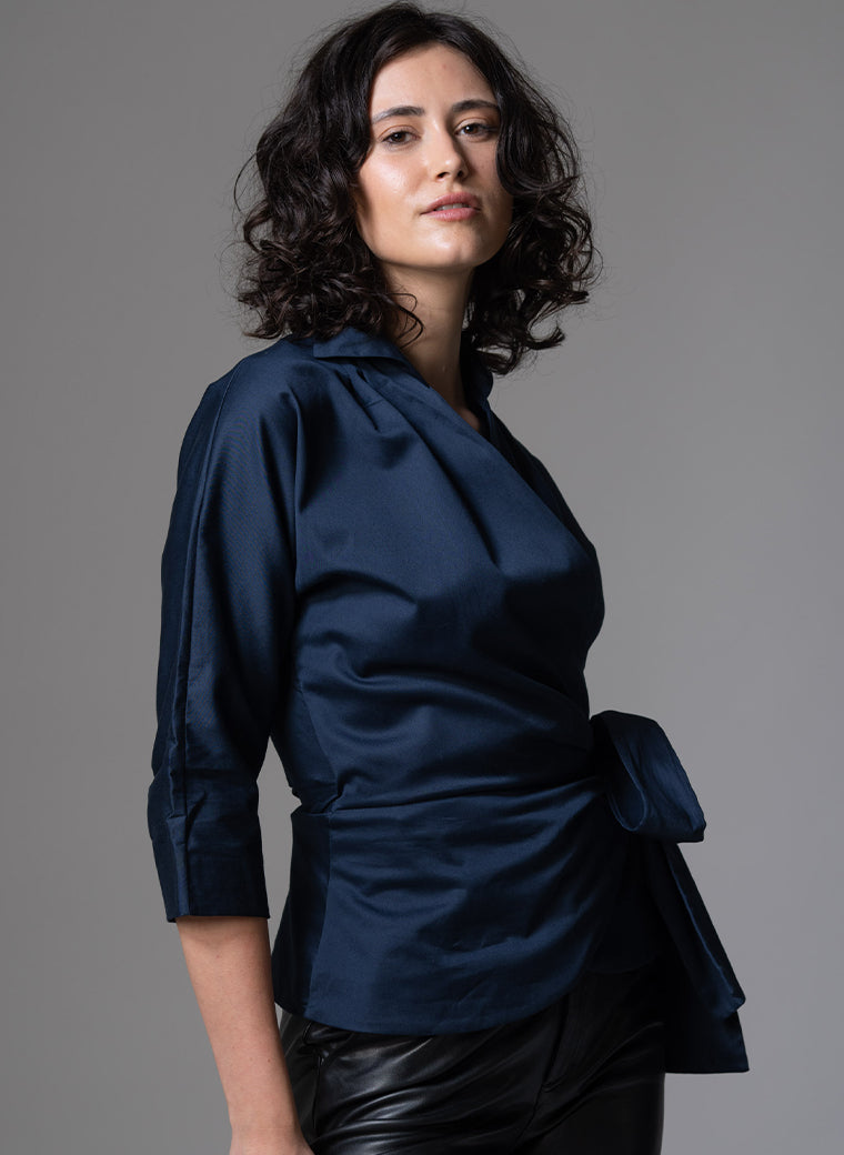 ABINA NAVY WRAP COTTON BLOUSE