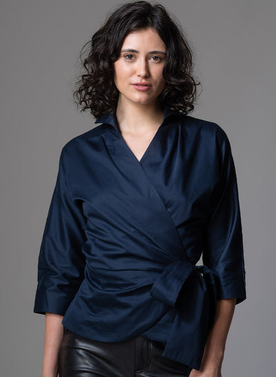 ABINA NAVY WRAP COTTON BLOUSE
