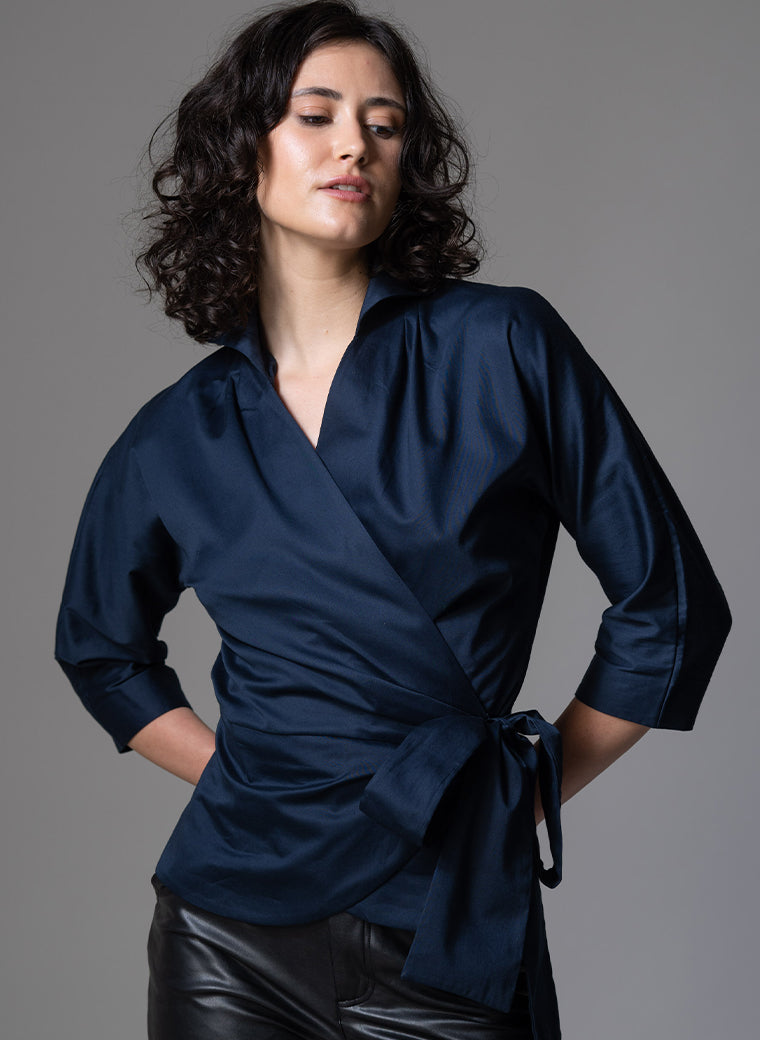 ABINA NAVY WRAP COTTON BLOUSE