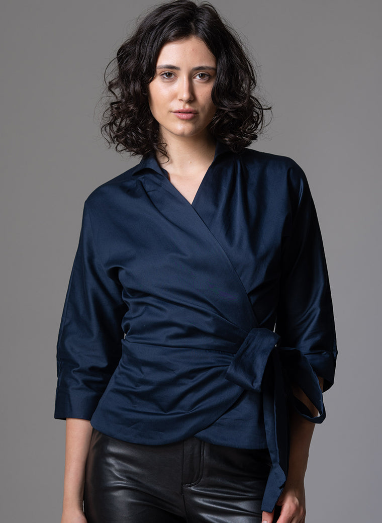 ABINA NAVY WRAP COTTON BLOUSE