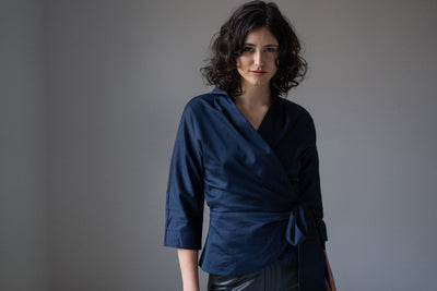 ABINA NAVY WRAP COTTON BLOUSE
