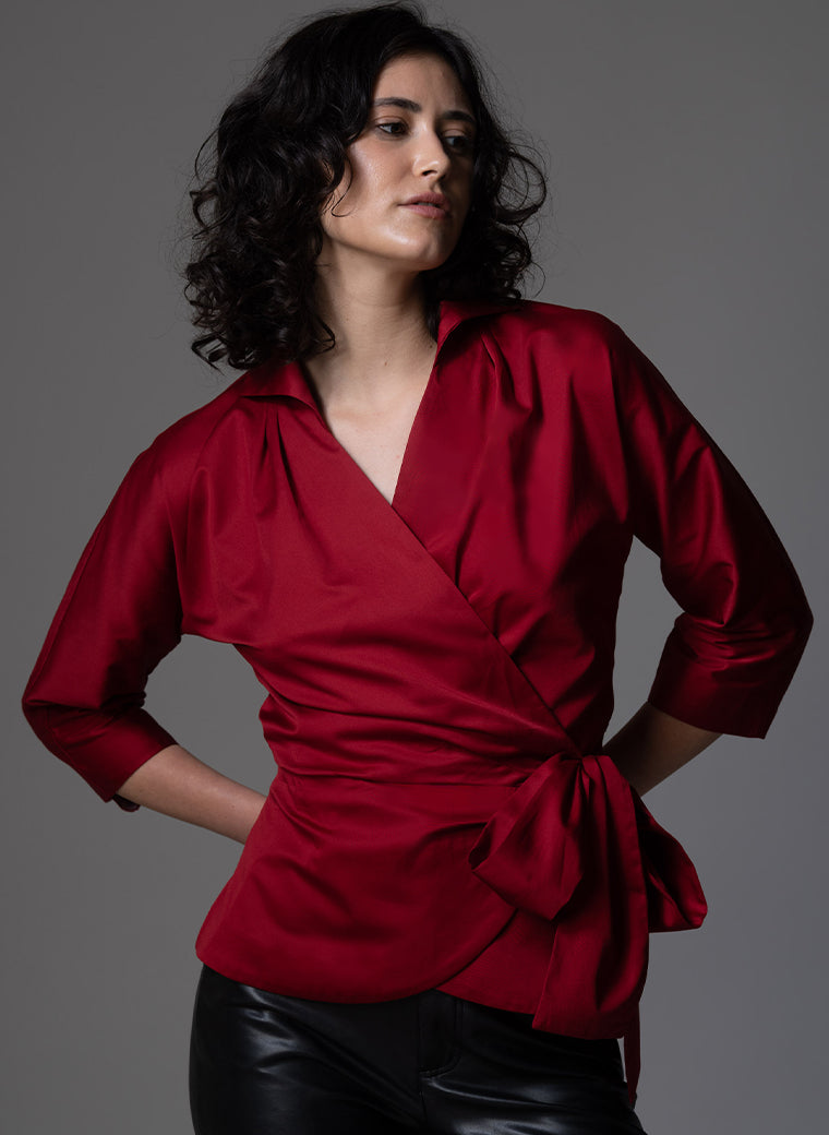 ABINA RUBY RED WRAP COTTON SHIRT