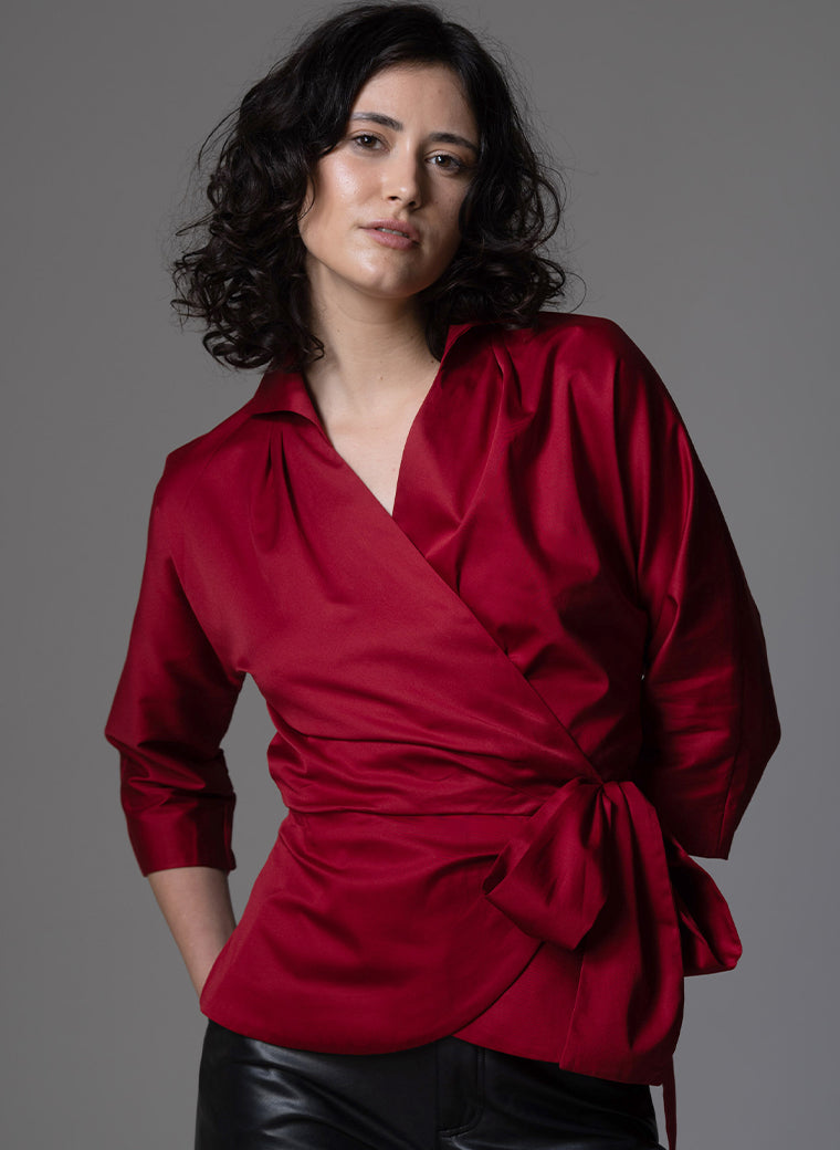 ABINA RUBY RED WRAP COTTON SHIRT