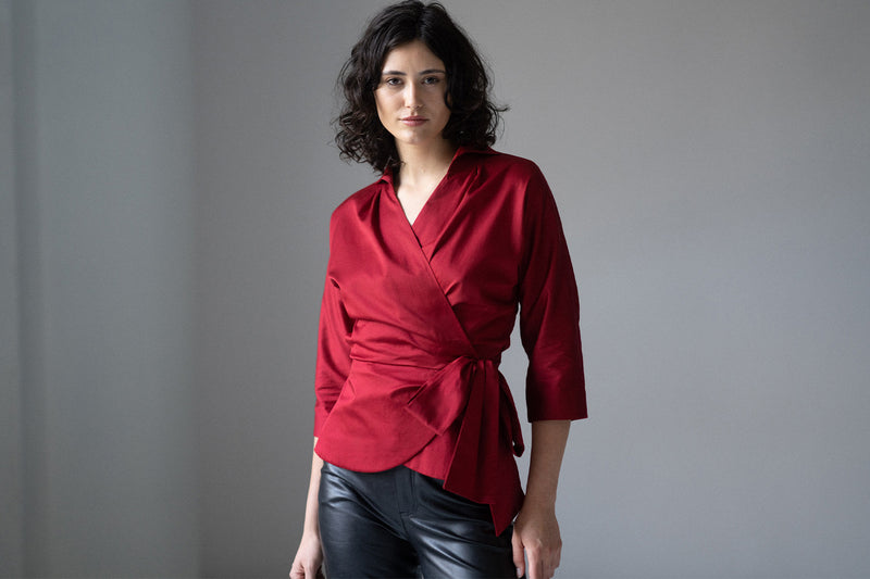 ABINA RUBY RED WRAP COTTON SHIRT