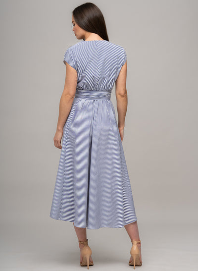 ADELAIDE BLUE & WHITE STRIPE BELTED MIDI DRESS