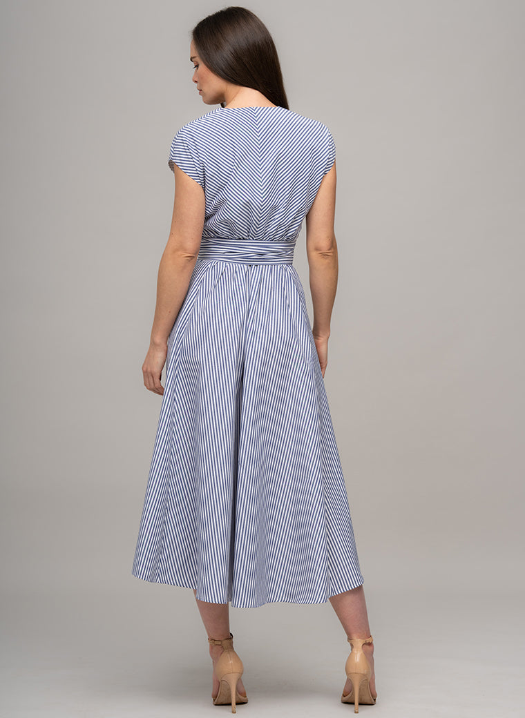 ADELAIDE BLUE & WHITE STRIPE BELTED MIDI DRESS