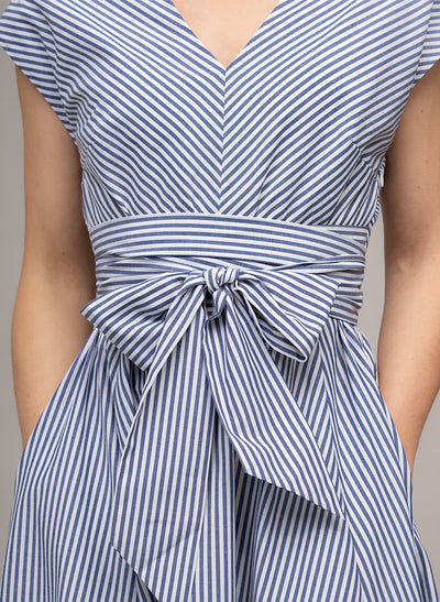 ADELAIDE BLUE & WHITE STRIPE BELTED MIDI DRESS