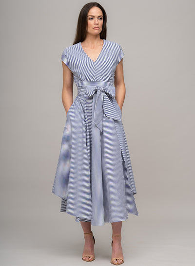 ADELAIDE BLUE & WHITE STRIPE BELTED MIDI DRESS