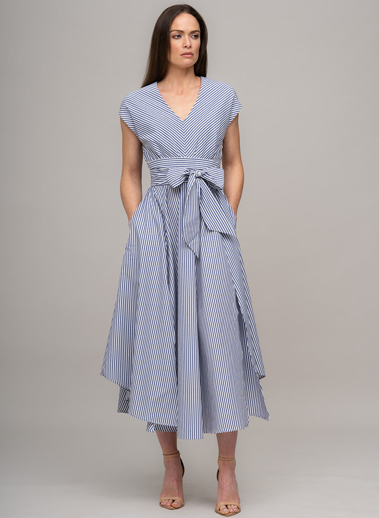 ADELAIDE BLUE & WHITE STRIPE BELTED MIDI DRESS