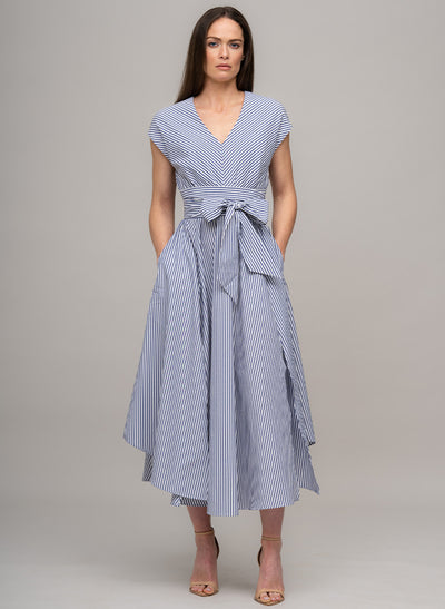 ADELAIDE BLUE & WHITE STRIPE BELTED MIDI DRESS
