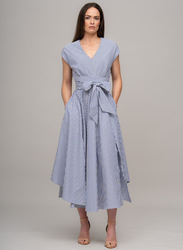 ADELAIDE BLUE & WHITE STRIPE BELTED MIDI DRESS