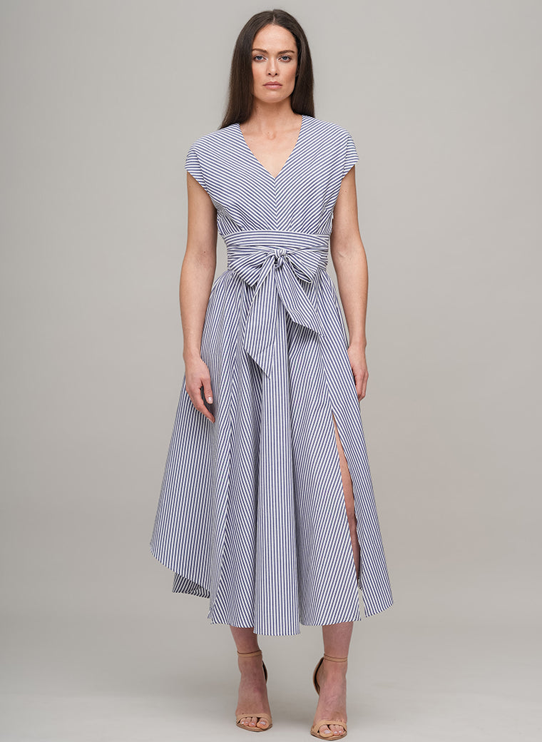 ADELAIDE BLUE & WHITE STRIPE BELTED MIDI DRESS