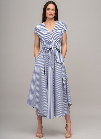 ADELAIDE BLUE & WHITE STRIPE BELTED MIDI DRESS