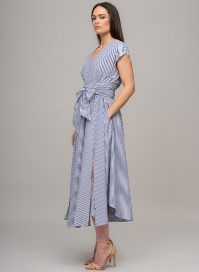 ADELAIDE BLUE & WHITE STRIPE BELTED MIDI DRESS