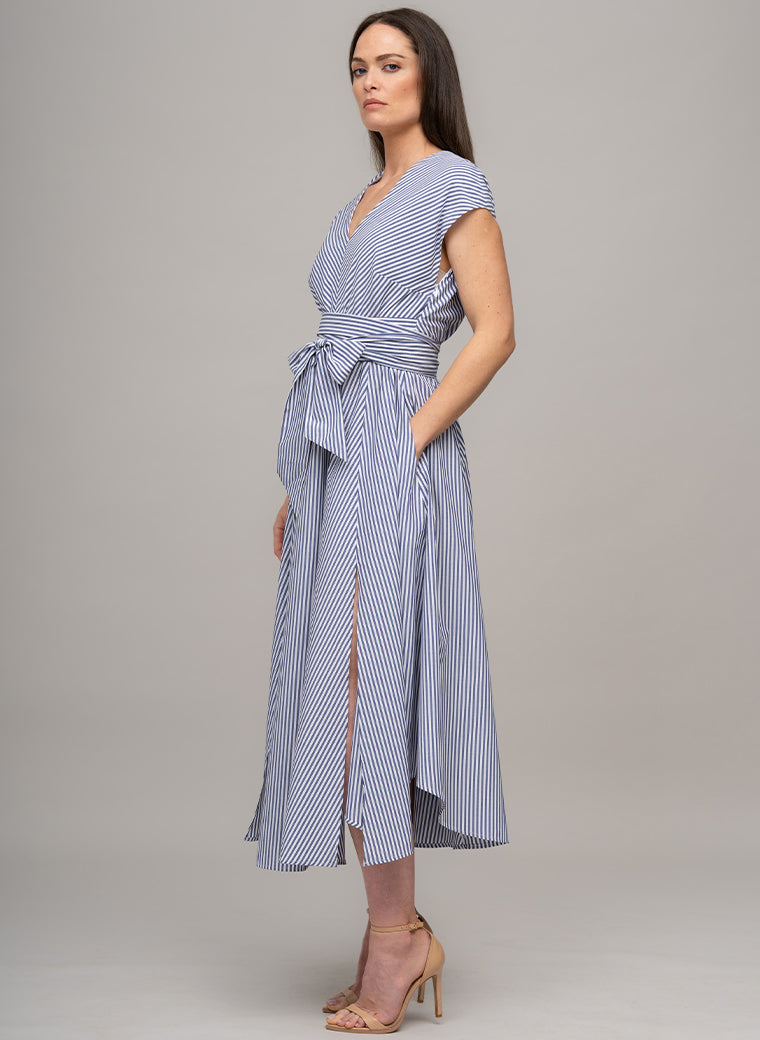 ADELAIDE BLUE & WHITE STRIPE BELTED MIDI DRESS