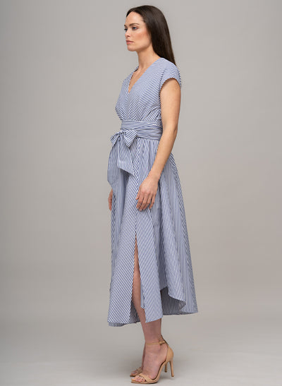 ADELAIDE BLUE & WHITE STRIPE BELTED MIDI DRESS