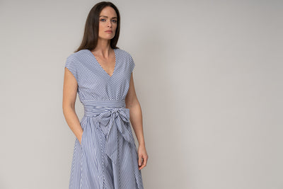 ADELAIDE BLUE & WHITE STRIPE BELTED MIDI DRESS