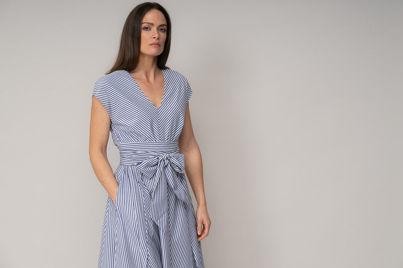 ADELAIDE BLUE & WHITE STRIPE BELTED MIDI DRESS