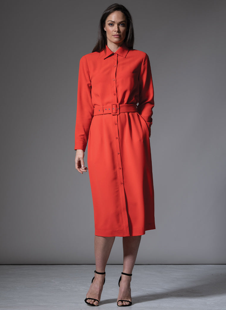 ANDIE CLASSIC EVERYDAY BUTTON FRONT SHIRT DRESS IN RED ORANGE