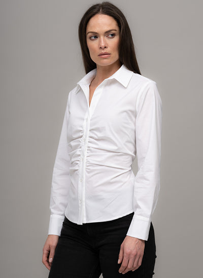 ANNIKA RUCHED FRONT WAIST FORMING COTTON POPLIN SHIRT IN WHITE