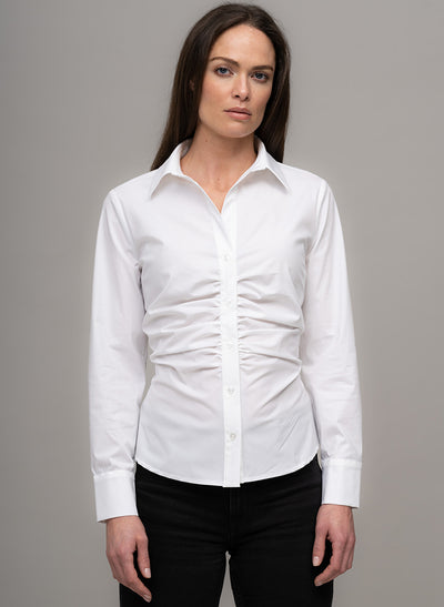 ANNIKA RUCHED FRONT WAIST FORMING COTTON POPLIN SHIRT IN WHITE