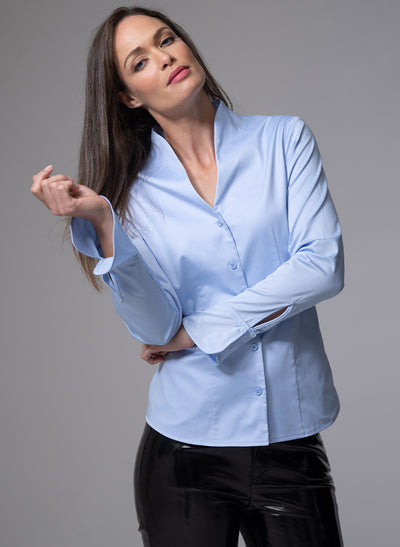 ARIA LIGHT BLUE TULIP NECK COTTON SHIRT