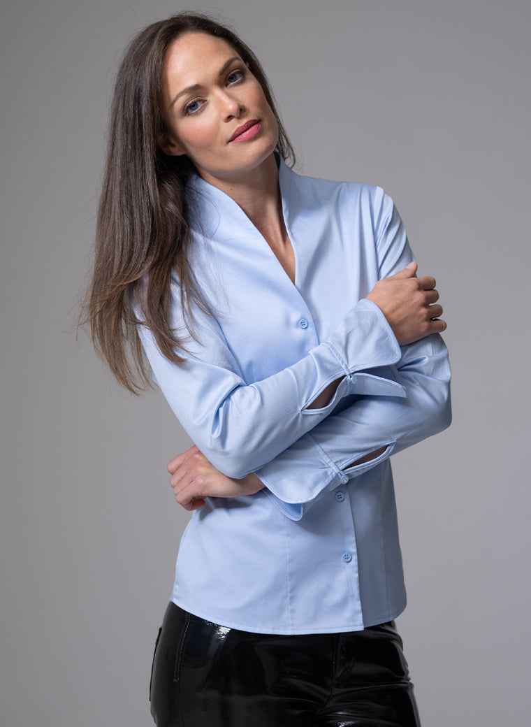 ARIA LIGHT BLUE TULIP NECK COTTON SHIRT