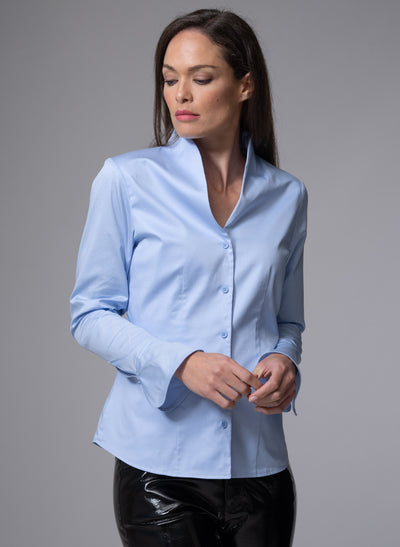 ARIA LIGHT BLUE TULIP NECK COTTON SHIRT