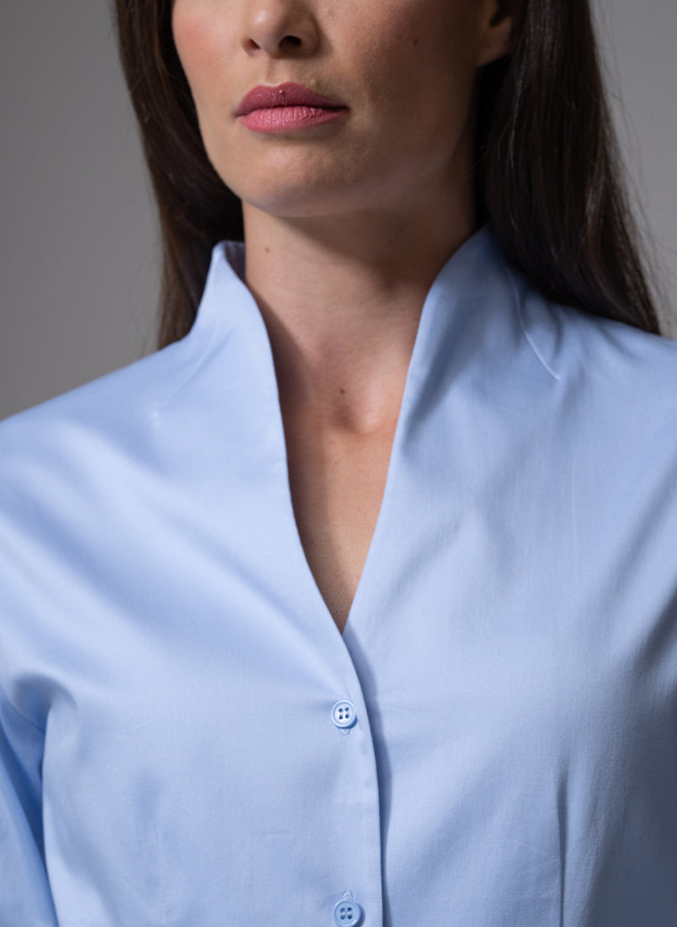 ARIA LIGHT BLUE TULIP NECK COTTON SHIRT