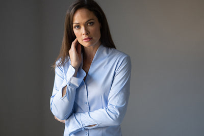 ARIA LIGHT BLUE TULIP NECK COTTON SHIRT