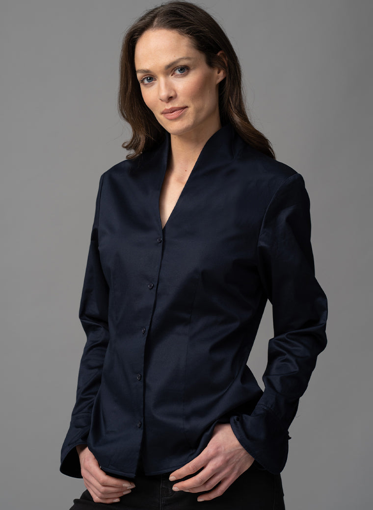 ARIA NAVY TULIP NECK COTTON SHIRT