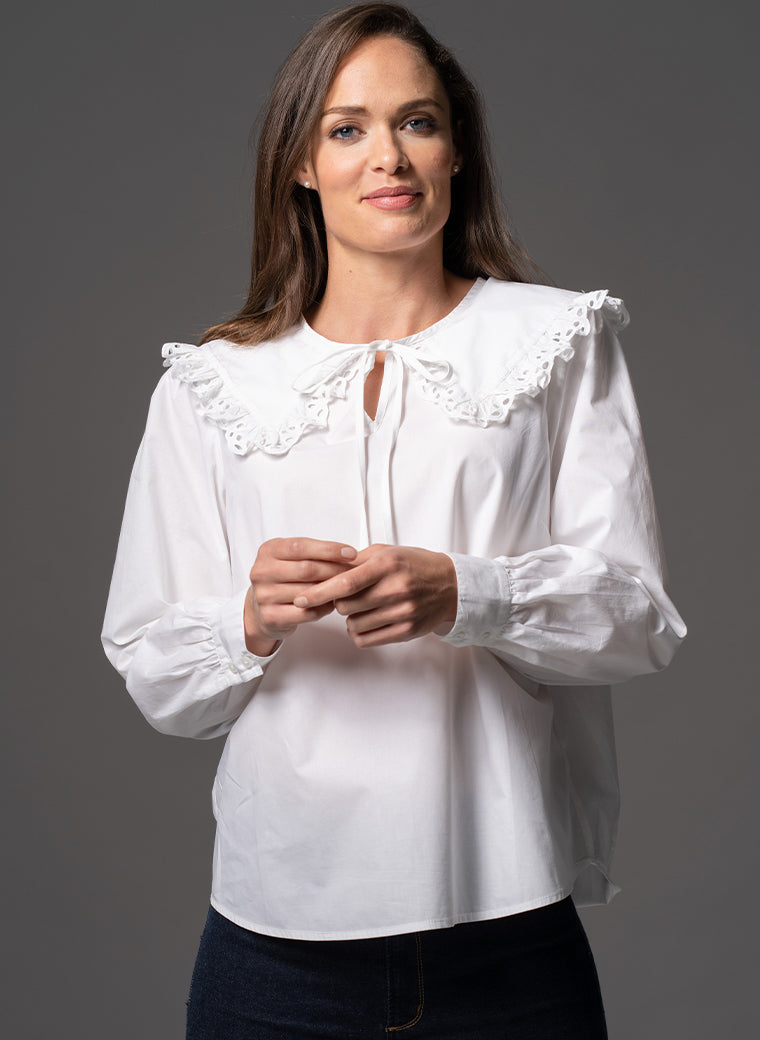 ASTRID WHITE PRAIRIE COLLAR POP-OVER WASHED COTTON BOHO RANGE SHIRT