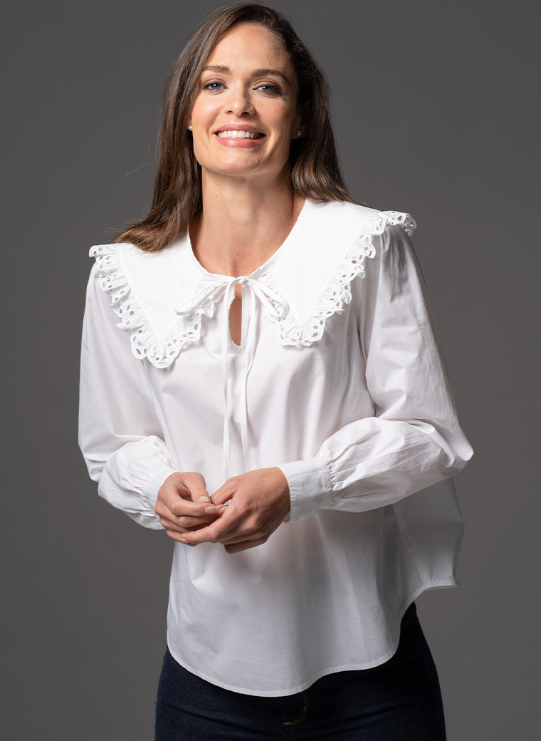ASTRID WHITE PRAIRIE COLLAR POP-OVER WASHED COTTON BOHO RANGE SHIRT