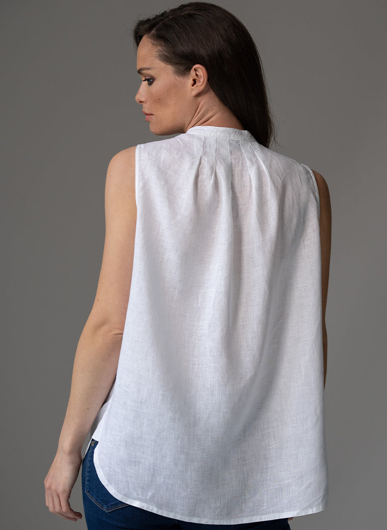 AUDREY WHITE CONTEMPORARY COLLARLESS SLEEVELESS SHIRT WITH TUCKS