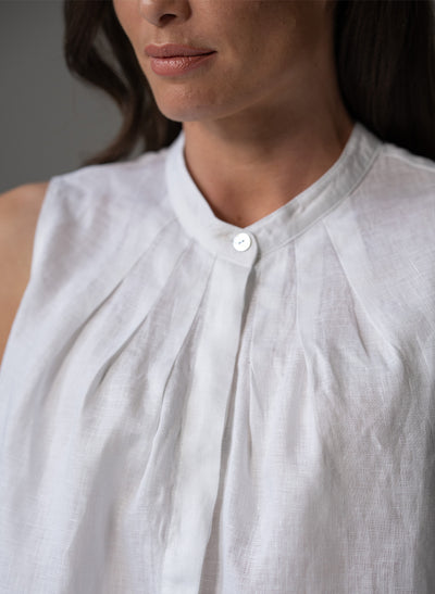 AUDREY WHITE CONTEMPORARY COLLARLESS SLEEVELESS SHIRT WITH TUCKS
