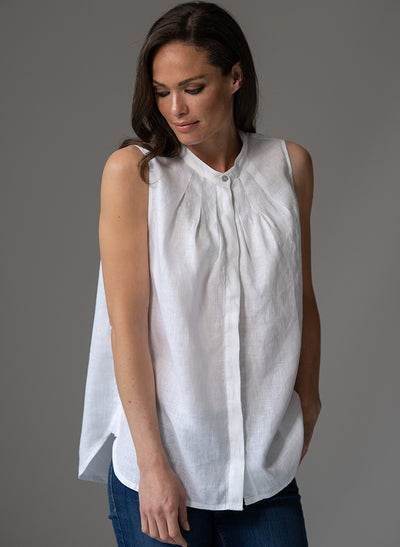 AUDREY WHITE CONTEMPORARY COLLARLESS SLEEVELESS SHIRT WITH TUCKS