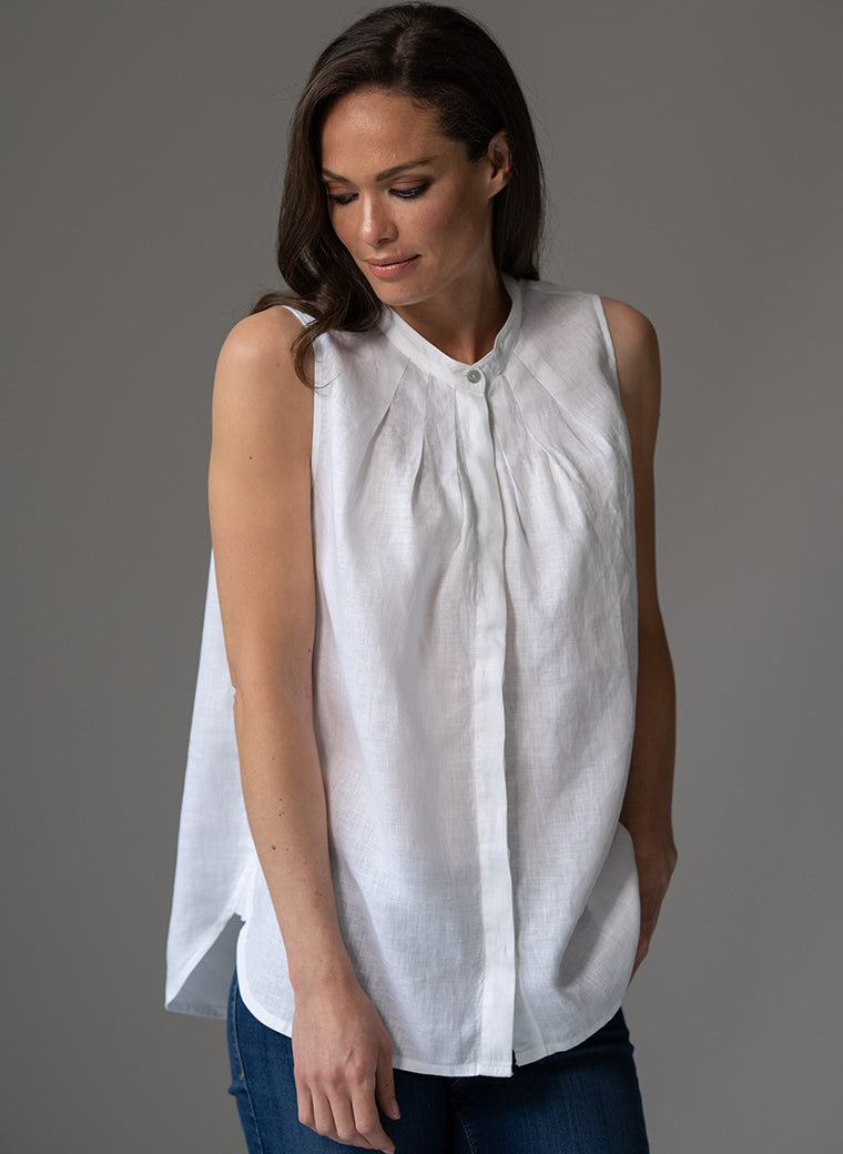 AUDREY WHITE CONTEMPORARY COLLARLESS SLEEVELESS SHIRT WITH TUCKS
