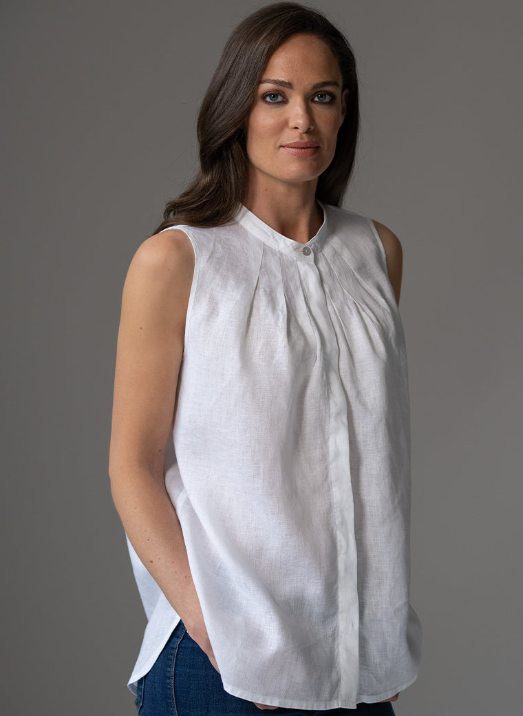 AUDREY WHITE CONTEMPORARY COLLARLESS SLEEVELESS SHIRT WITH TUCKS