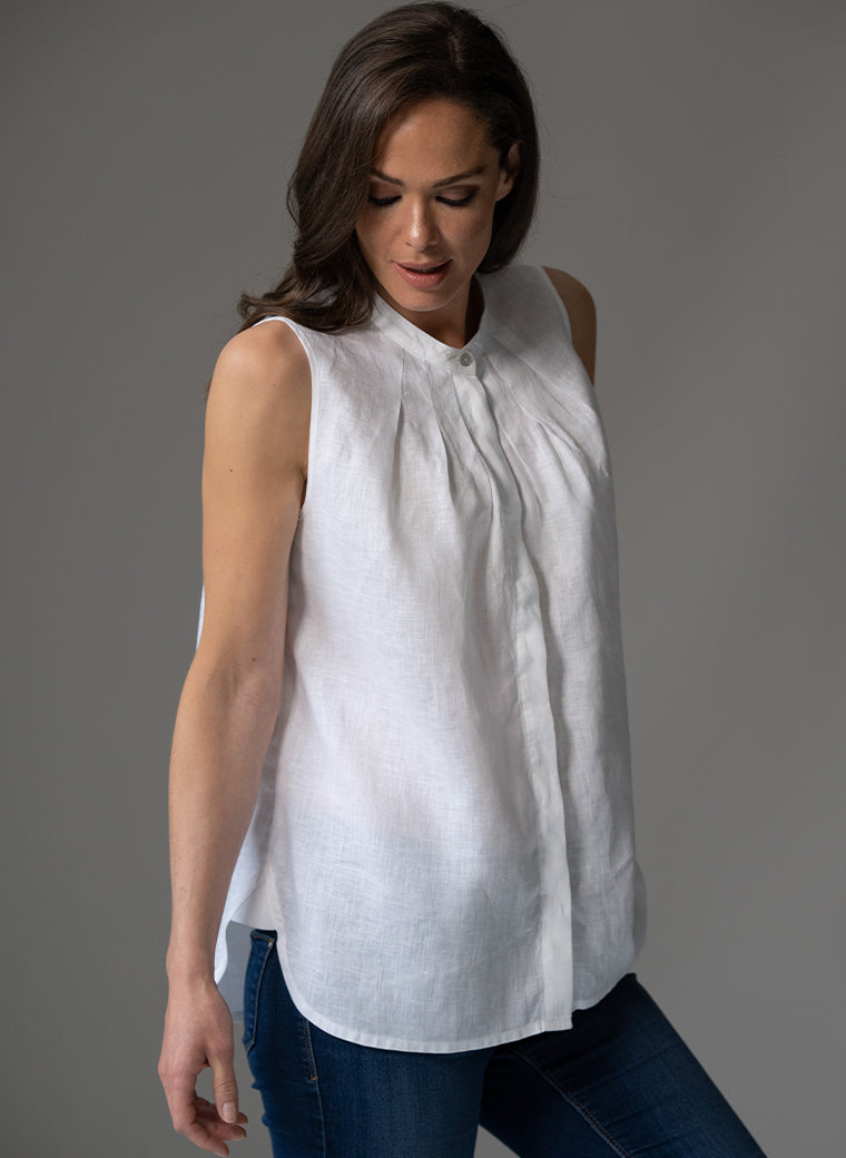AUDREY WHITE CONTEMPORARY COLLARLESS SLEEVELESS SHIRT WITH TUCKS