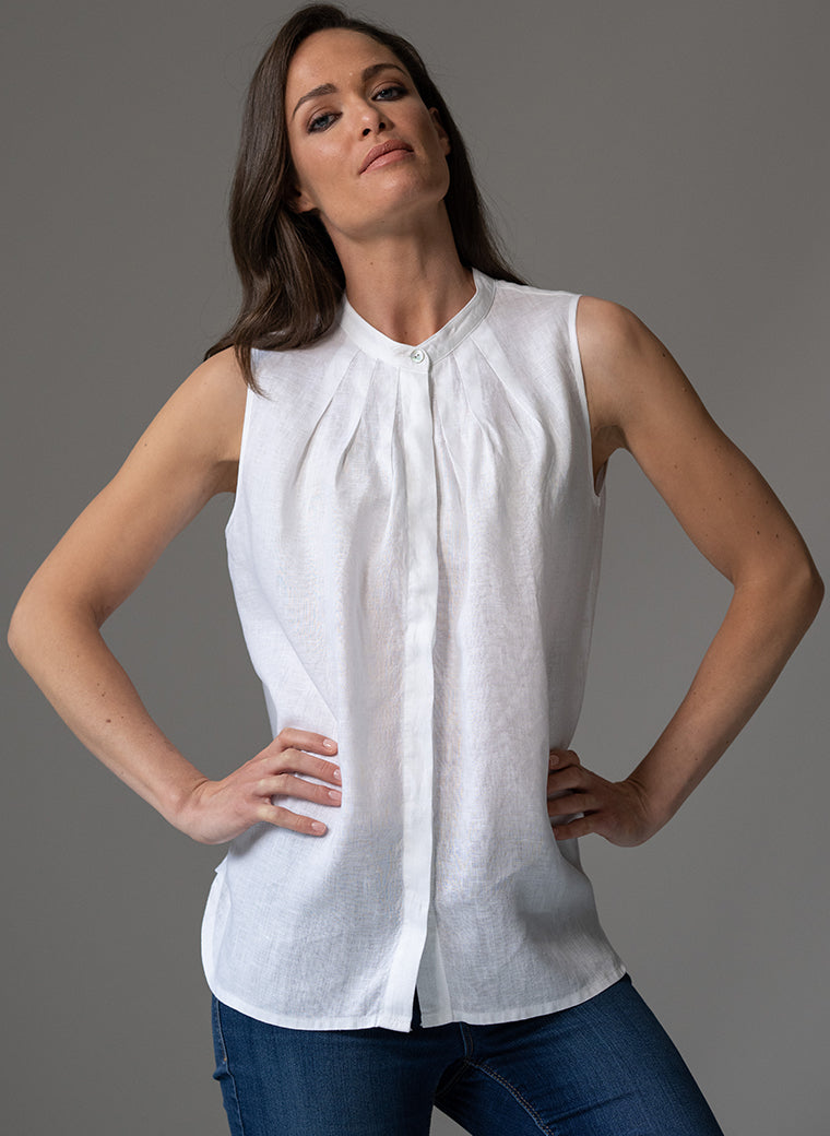 AUDREY WHITE CONTEMPORARY COLLARLESS SLEEVELESS SHIRT WITH TUCKS