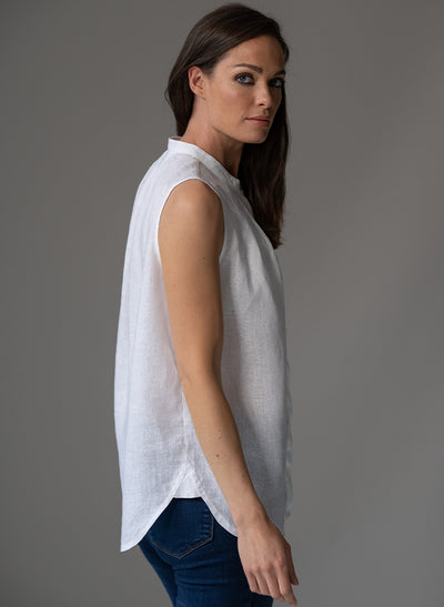 AUDREY WHITE CONTEMPORARY COLLARLESS SLEEVELESS SHIRT WITH TUCKS