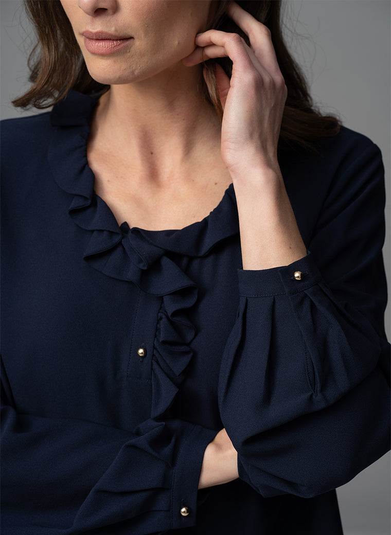 AURELIE NAVY EVERYDAY FRILL COLLAR POP-OVER BLOUSE