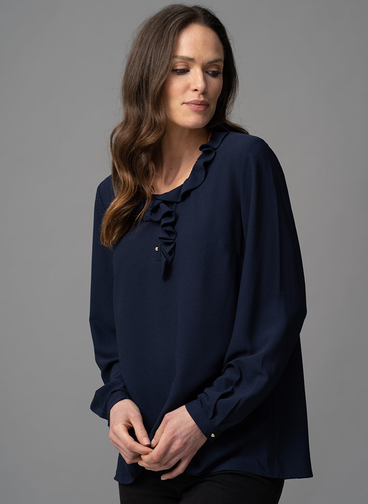 AURELIE NAVY EVERYDAY FRILL COLLAR POP-OVER BLOUSE