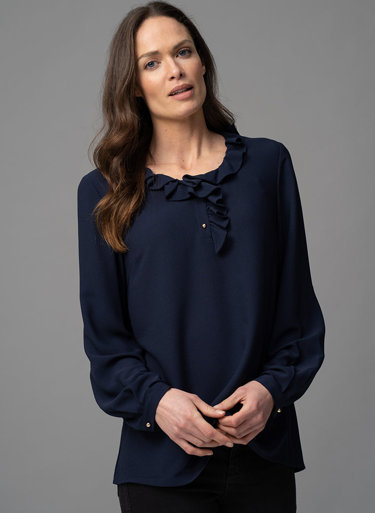 AURELIE NAVY EVERYDAY FRILL COLLAR POP-OVER BLOUSE
