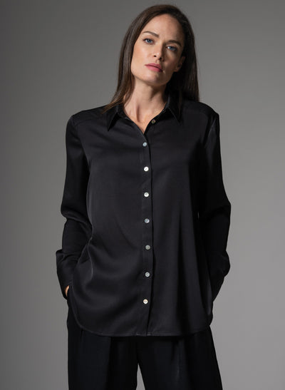 BROOKLYN SILK CHARMEUSE EVERYDAY SILK BLOUSE IN BLACK