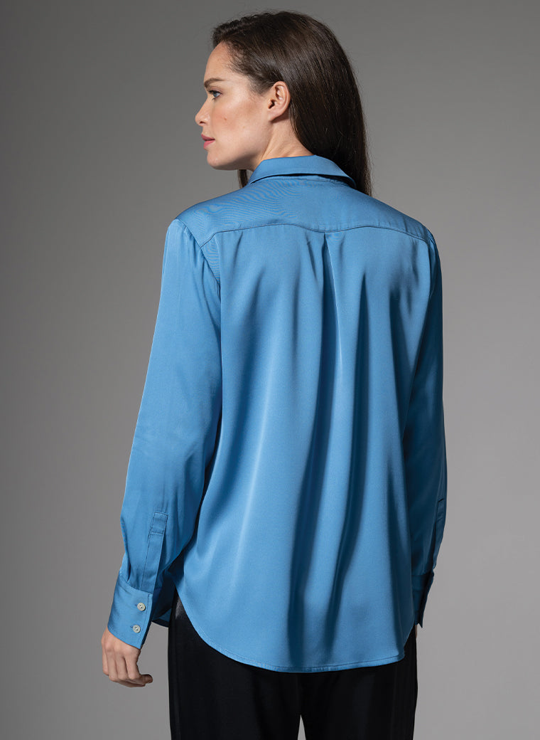 BROOKLYN SILK CHARMEUSE EVERYDAY SILK BLOUSE IN SLATE BLUE